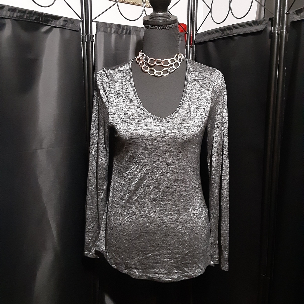 White House Black Market Metallic Gray Long Sleeve Top